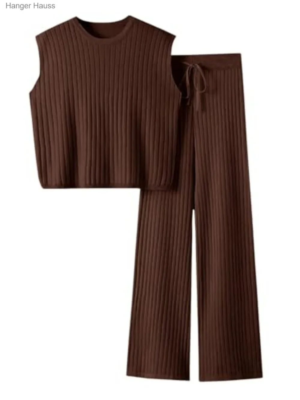 2 Piece Lounge Set Sleeveless Ribbed Knit Top Wide Leg Pants Matching Outfit